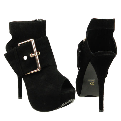 Womens Ankle Boots Suede Gold Buckle Peep Toe High Heel Shoes black