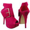 Womens Ankle Boots Suede Gold Buckle Peep Toe High Heel Shoes Pink