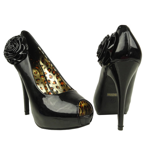 Womens Dress Sandals Patent Peep Toe Flower Rosette High Heel Shoes black