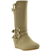 Kids Knee High Boots Wedge Heel Gold Buckles Accent Taupe