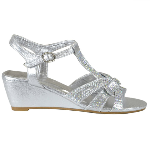 Womens Dress Sandals Braided Rhinestone Strappy Accented Wedges Silver