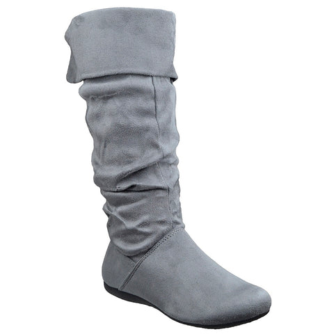 Womens Mid Calf Boots Knitted Cuff Leather Side Vintage Buckle Gray