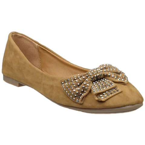 Womens Flat Shoes Studded Bow Accent Slip On Comfort Shoes Tan
