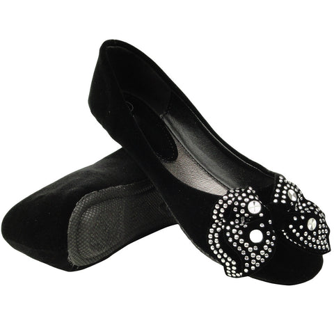 Kids Ballet Flats Velvet Embellished Side Bow Comfort Slip On Shoes black