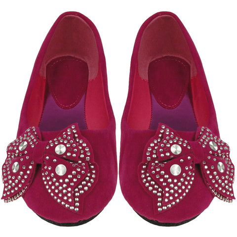 Kids Ballet Flats Velvet Embellished Side Bow Comfort Slip On Shoes Pink