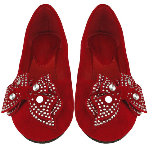 Kids Ballet Flats Velvet Embellished Side Bow Comfort Slip On Shoes Red