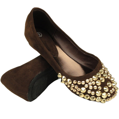 Kids Ballet Flats Suede Spiked Studded Casual Comfort  Slip On Brown
