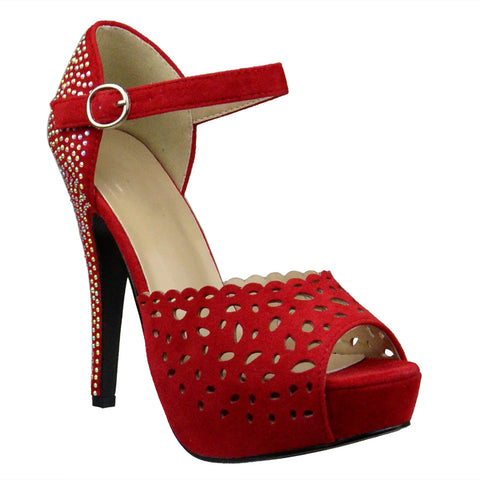 Womens Platform Sandals Studded Laser Cutout Peeptoe Stiletto Pumps Red