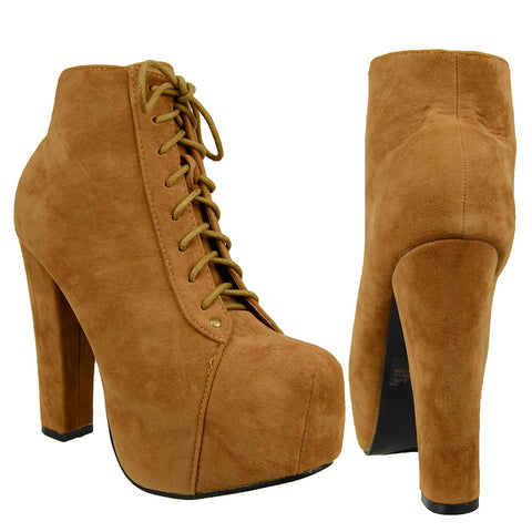 Womens Ankle Boots Chunky High Heel Suede Lace Up Shoes Tan