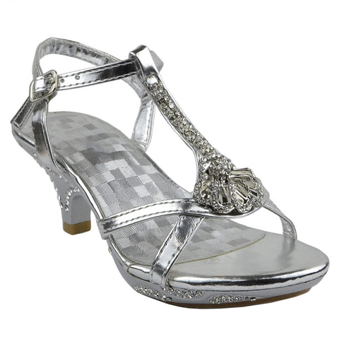Kids Dress Sandals Embellished T-Strap Seashell Pageant High Heels Silver