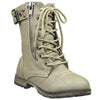 Kids Mid Calf Boots Buckle Accent Lace Up Combat Boots Taupe