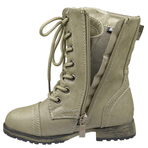 Kids Mid Calf Boots Buckle Accent Lace Up Combat Boots Taupe