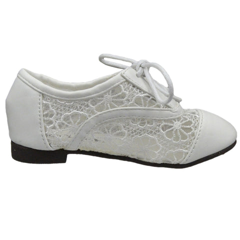 Kids Ballet Flats Embroidered Flower Lace Up Oxford Flats White