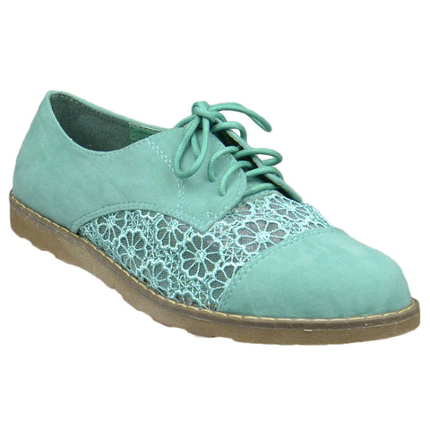 Womens Closed Toe Shoes Embroidered Flower Lace Up Oxford Flats Green