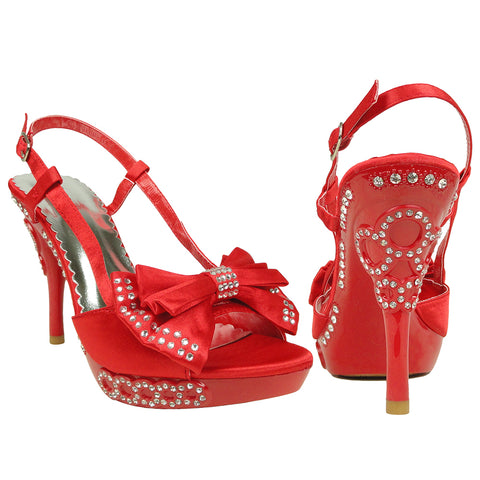 Womens Dress Sandals Satin Layered Rhinestone Bow High Heel Shoes Red