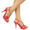 Womens Dress Sandals Flower Cross Strap High Heels Red