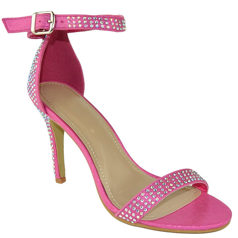 Womens Dress Sandals Single Strap Rhinestone Accent Stiletto Pumps Pink