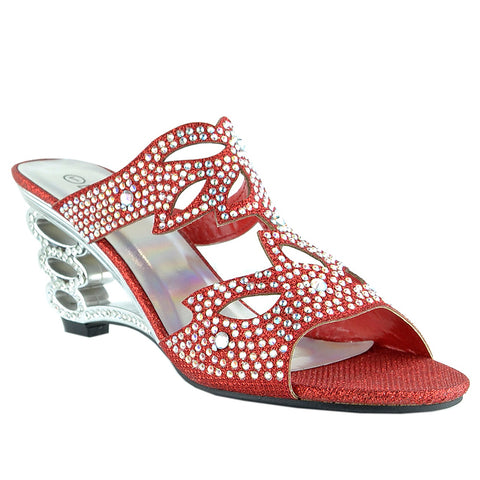 Womens Dress Sandals Rhinestone Glitter Cutout Wedge Heel Sandals Red