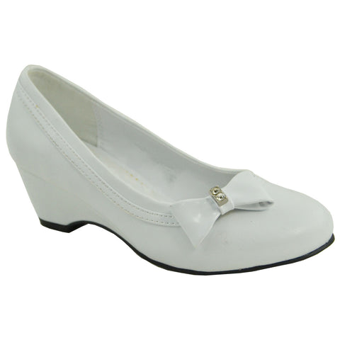 Kids Dress Shoes Rhinestone Bow Accent Closed Toe Wedge White