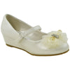 Kids Dress Shoes Rhinestone Flower Accent Low Wedge Slip On IVORYPU