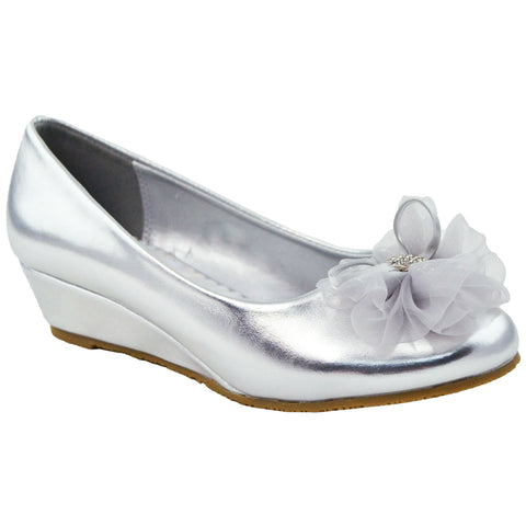 Kids Dress Shoes Rhinestone Flower Accent Low Wedge Slip On Silver