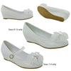 Kids Dress Shoes Rhinestone Flower Accent Low Wedge Slip On White