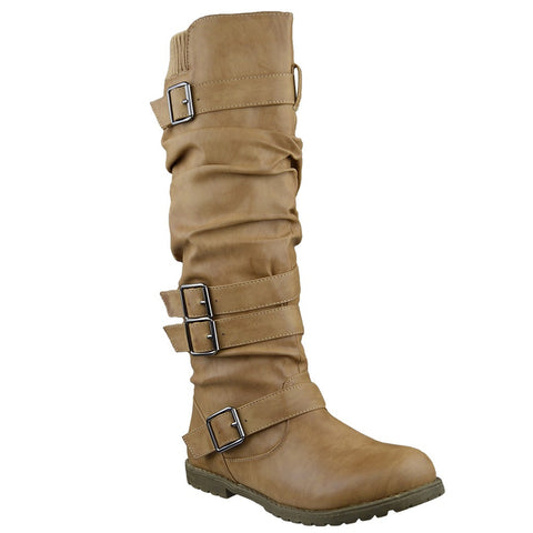 Womens Knee High Boots Strappy Ruched Leather Casual Comfort Shoes Tan