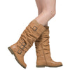 Womens Knee High Boots Strappy Ruched Leather Casual Comfort Shoes Tan