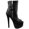 Womens Mid Calf Boots Reverse Buckle Accent Sexy High Heels Black