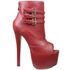 Womens Ankle Boots Peep Toe Stacked Buckle Sexy Dress Shoes Red