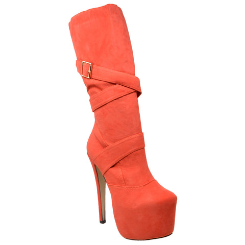 Womens Mid Calf Boots Strappy Buckle Platform  Sexy High Heels Coral