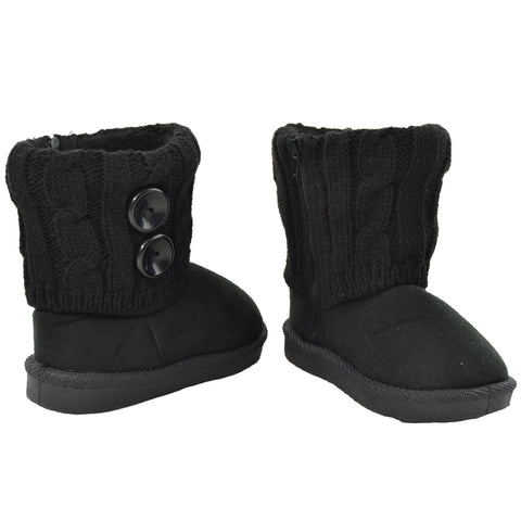 Kids Ankle Boots Interior Fleece Button Accent Soft Rubber Sole black