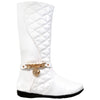 Kids Knee High Boots Quilted Leather Gold Train Trim Heart Charm Riding Shoes White