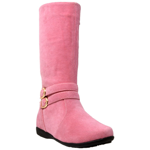 Kids Knee High Boots Quilted Leather Gold Buckle Accent Riding Shoes Pink