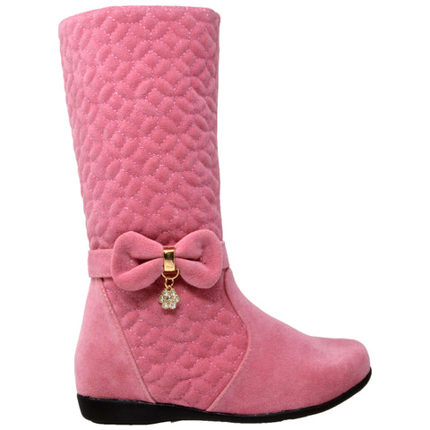 Kids Knee High Boots Quilted Leather Bow Accent Zip Close Riding Shoes Pink