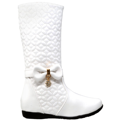 Kids Knee High Boots Quilted Leather Bow Accent Zip Close Riding Shoes White