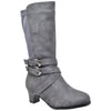 Kids Knee High Boots Faux Leather Buckle Straps Low Heel Riding Shoes Gray