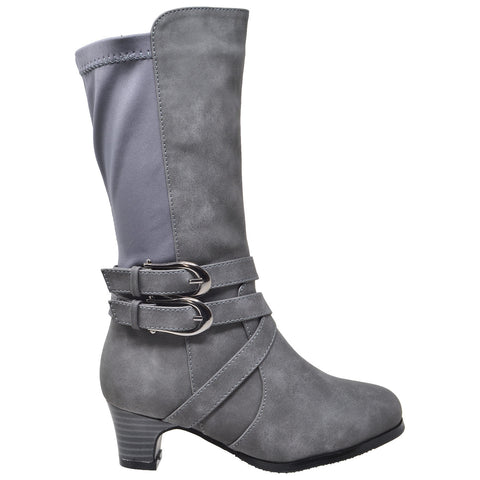 Kids Knee High Boots Faux Leather Buckle Straps Low Heel Riding Shoes Gray