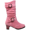 Kids Mid Calf Boots Double Buckle Zip Close High Heel Shoes Gray Coral
