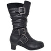 Kids Knee High Boots Ruched Faux Leather Strappy  Buckle Low Heel Shoes Black