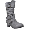 Kids Knee High Boots Ruched Faux Leather Strappy  Buckle Low Heel Shoes Gray