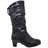 Kids Knee High Boots Corset Lace Up Back Buckle Strap Low Heel Shoes Black