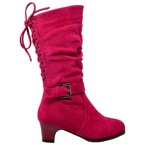 Kids Knee High Boots Corset Lace Up Back Buckle Strap Low Heel Shoes Fuchsia