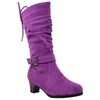 Kids Knee High Boots Corset Lace Up Back Buckle Strap Low Heel Shoes Purple