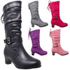 Kids Knee High Boots Corset Lace Up Back Buckle Strap Low Heel Shoes Purple