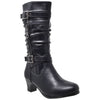 Kids Knee High Boots Ruched Leather Strappy Buckle  Zip Accent Low Heel Shoes Black