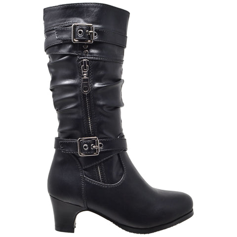 Kids Knee High Boots Ruched Leather Strappy Buckle  Zip Accent Low Heel Shoes Black