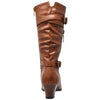 Kids Knee High Boots Ruched Leather Strappy Buckle Zip Accent Low Heel Shoes Brown
