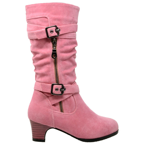 Kids Knee High Boots Ruched Leather Strappy Buckle Zip Accent Low Heel Shoes Coral