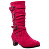 Kids Knee High Boots Ruched Leather Strappy Buckle Zip Accent Low Heel Shoes Fuchsia